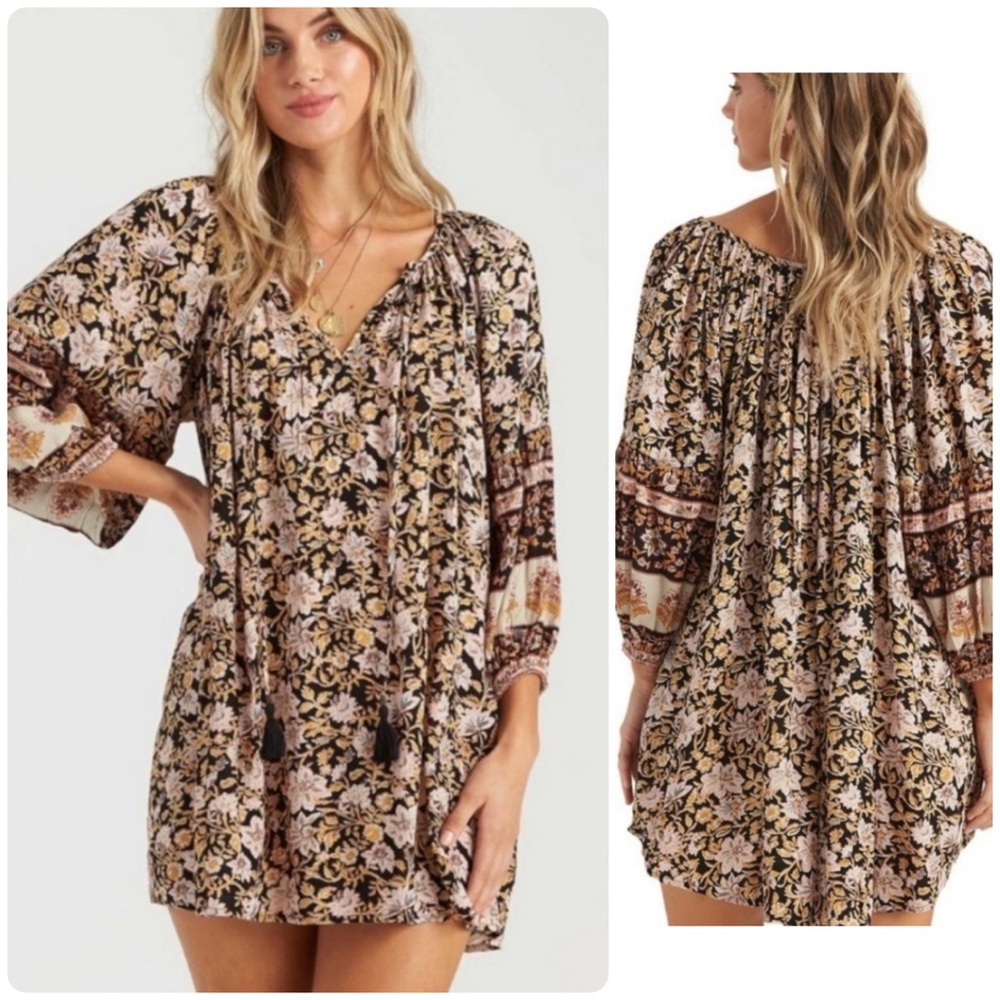 Billabong Gypset Floral Tunic Mini Dress Size XL Balloon Sleeves Tassel Tie